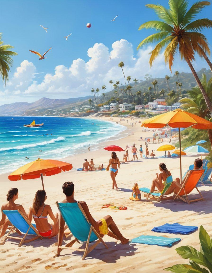 A vibrant beach scene filled with people enjoying summer activities. Showcase various trendy swimwear styles in bright colors, alongside beach games like beach volleyball and frisbee. Add elements like palm trees, sunny skies, and beach umbrellas to create a lively atmosphere. Include splashes of water and laughter to depict fun and adventure. Paint it in a bright, tropical style, reminiscent of a summer day.