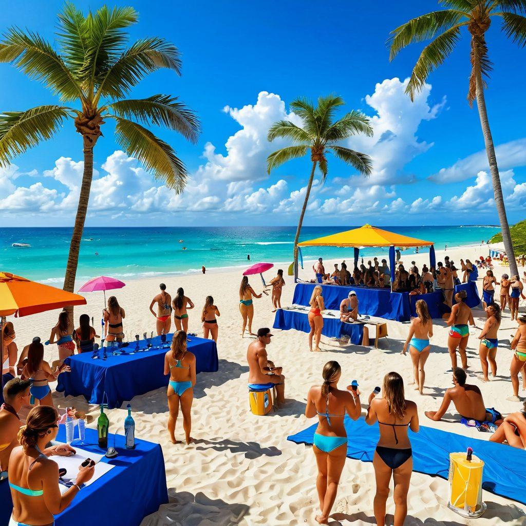 A vibrant beach scene showcasing a lively beach party with people in colorful bikinis enjoying the sun, playing beach volleyball, and sipping tropical drinks near an ocean. In the background, a karaoke setup with a microphone and speakers, while palm trees sway gently. The sky is a brilliant blue with fluffy white clouds, adding a cheerful vibe. super-realistic. vibrant colors. summer theme.
